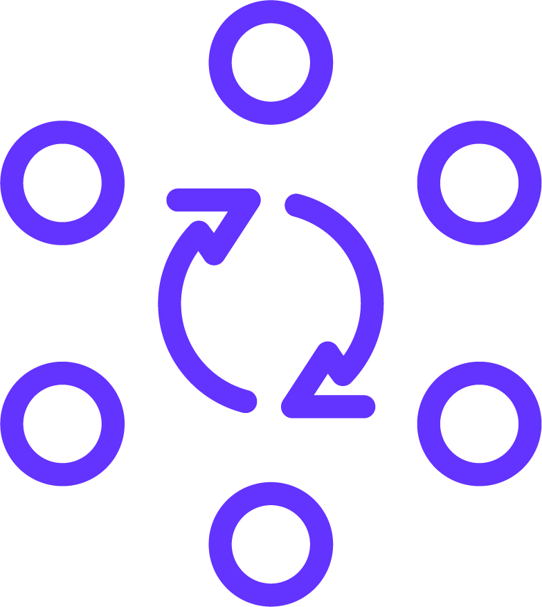 2 purple arrows circling each other with circles around them